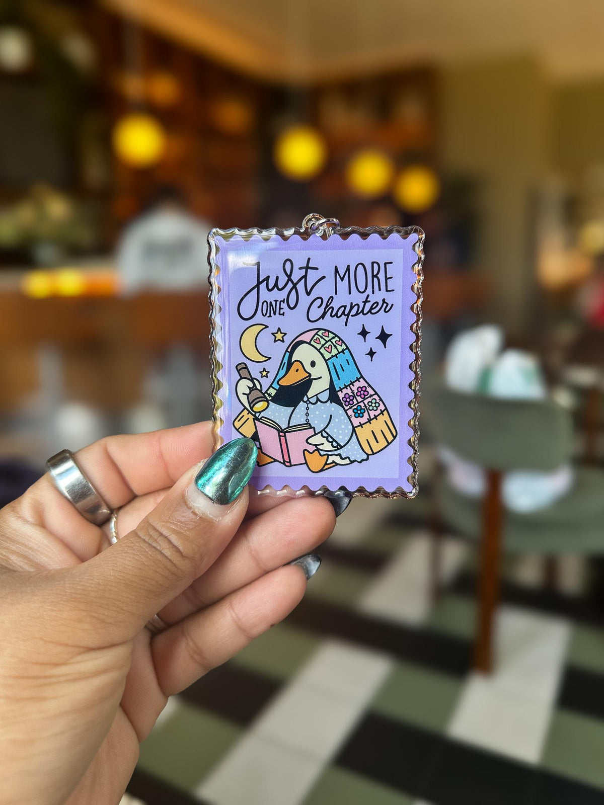 Just One More Chapter Cozy Goose Acrylic Bag Charm