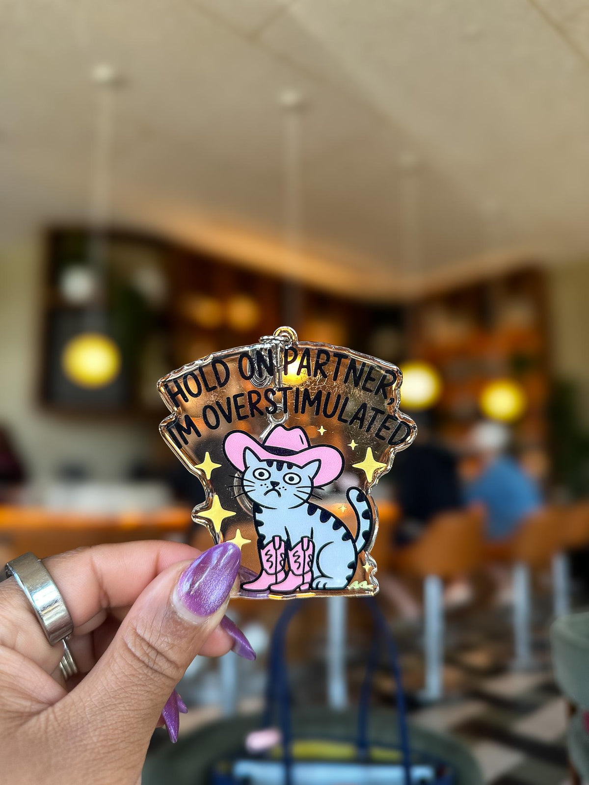 Hold On Partner Cowboy Overstimulated Cat Acrylic Bag Charm