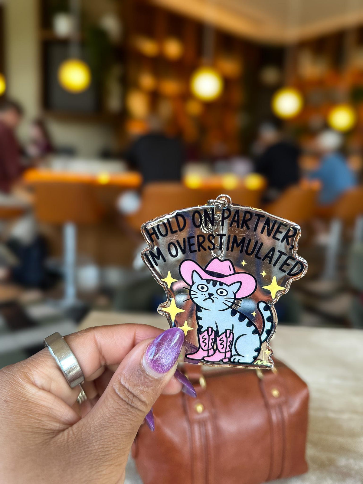 Hold On Partner Cowboy Overstimulated Cat Acrylic Bag Charm
