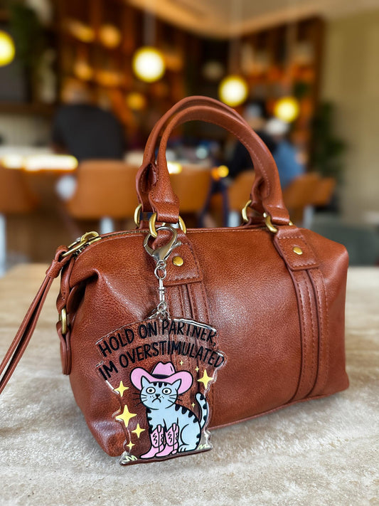 Hold On Partner Cowboy Overstimulated Cat Acrylic Bag Charm