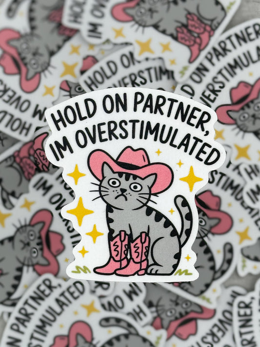 Hold On Partner Cowboy Overstimulated Cat Waterproof Vinyl Sticker